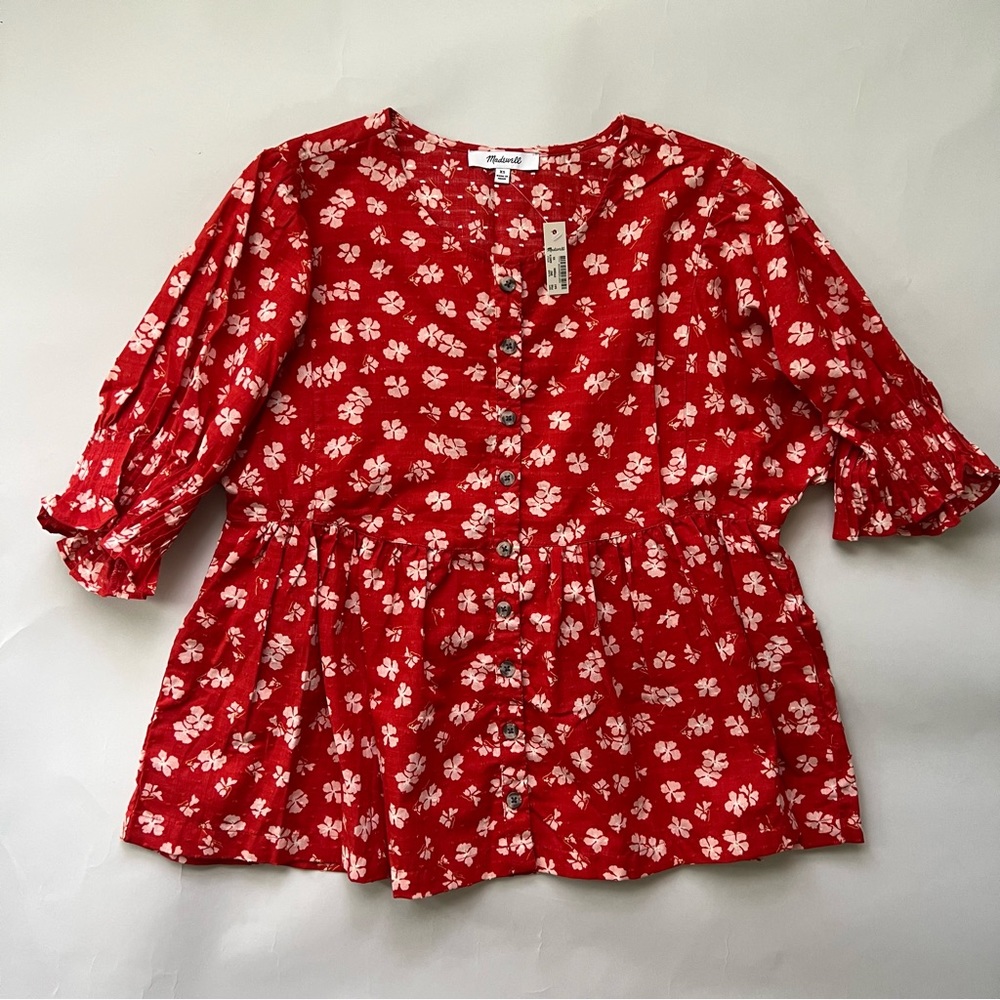 NWT Madewell Puff-Sleeve Button-Front Top in Swiss Dot Happy Hibiscus -XS